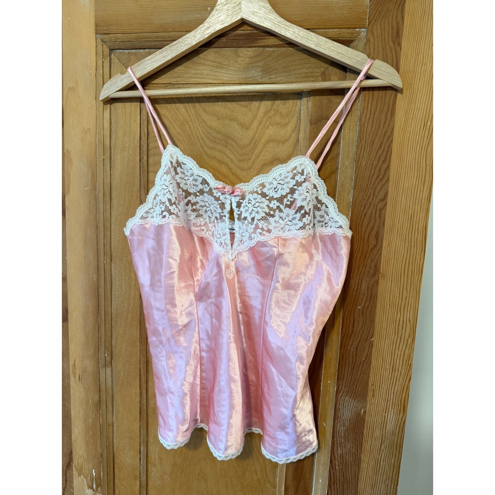 Vintage Christian Dior Pink Satin Lace Camisole Top Embroidered CD Logo Bow - Picture 1 of 13